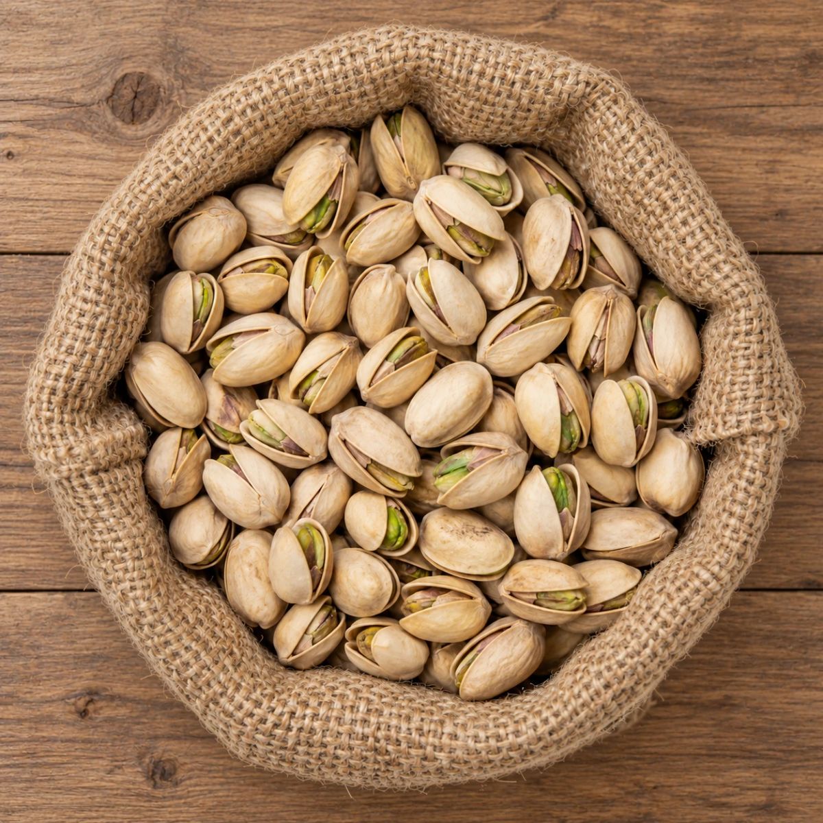 Open in-shell pistachios in a jute sack