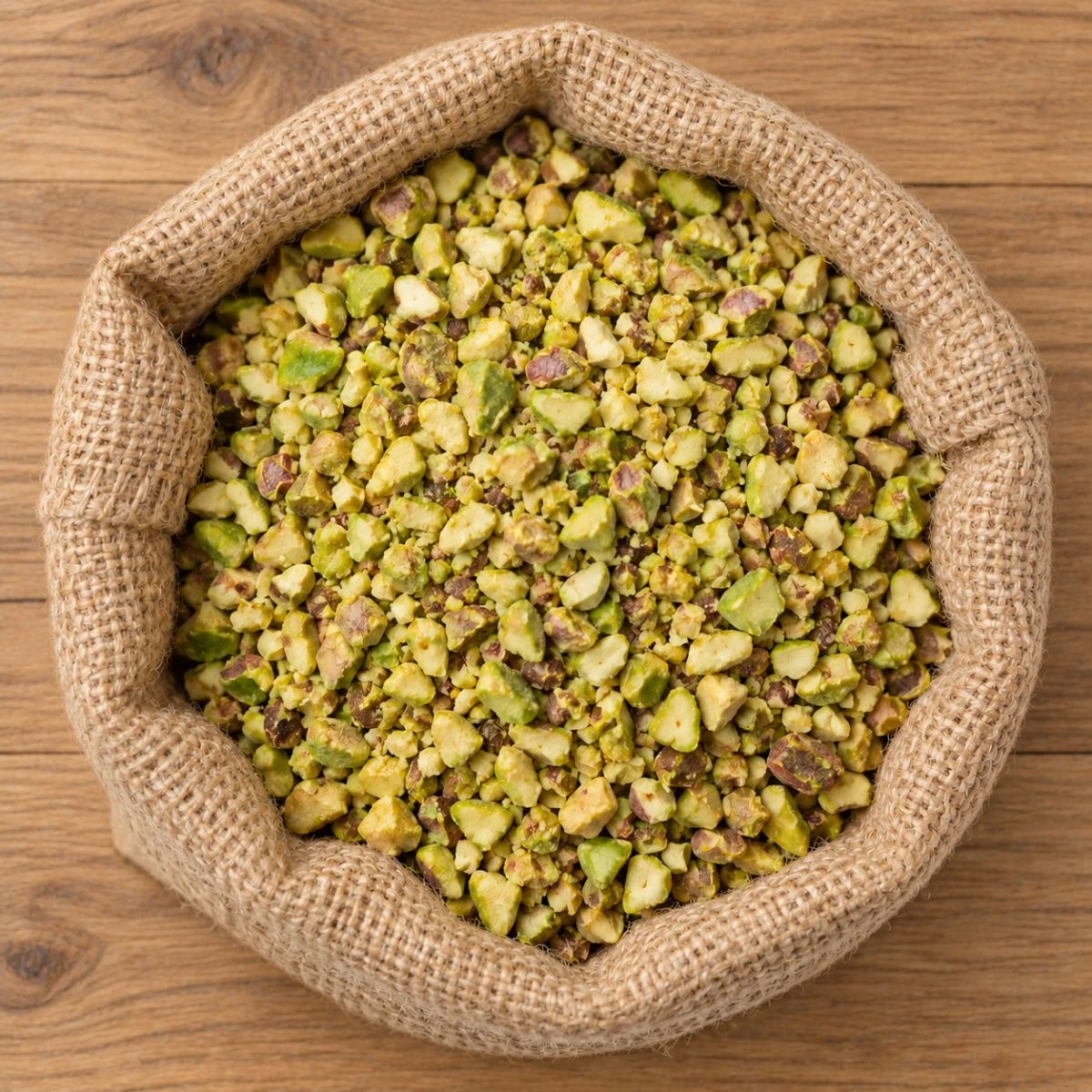 Chopped pistachio kernels in a jute sack
