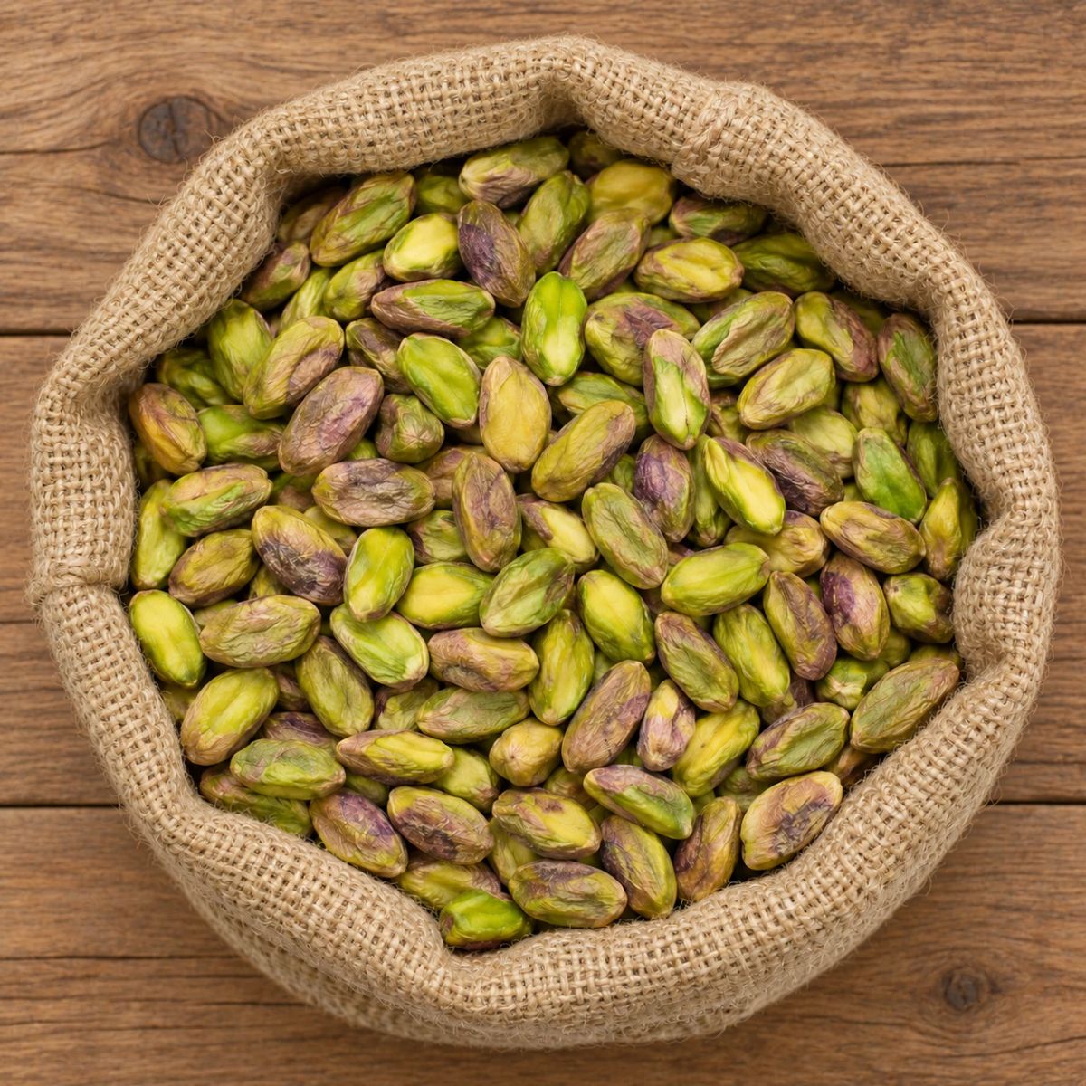 Whole shelled pistachio kernels in a jute sack