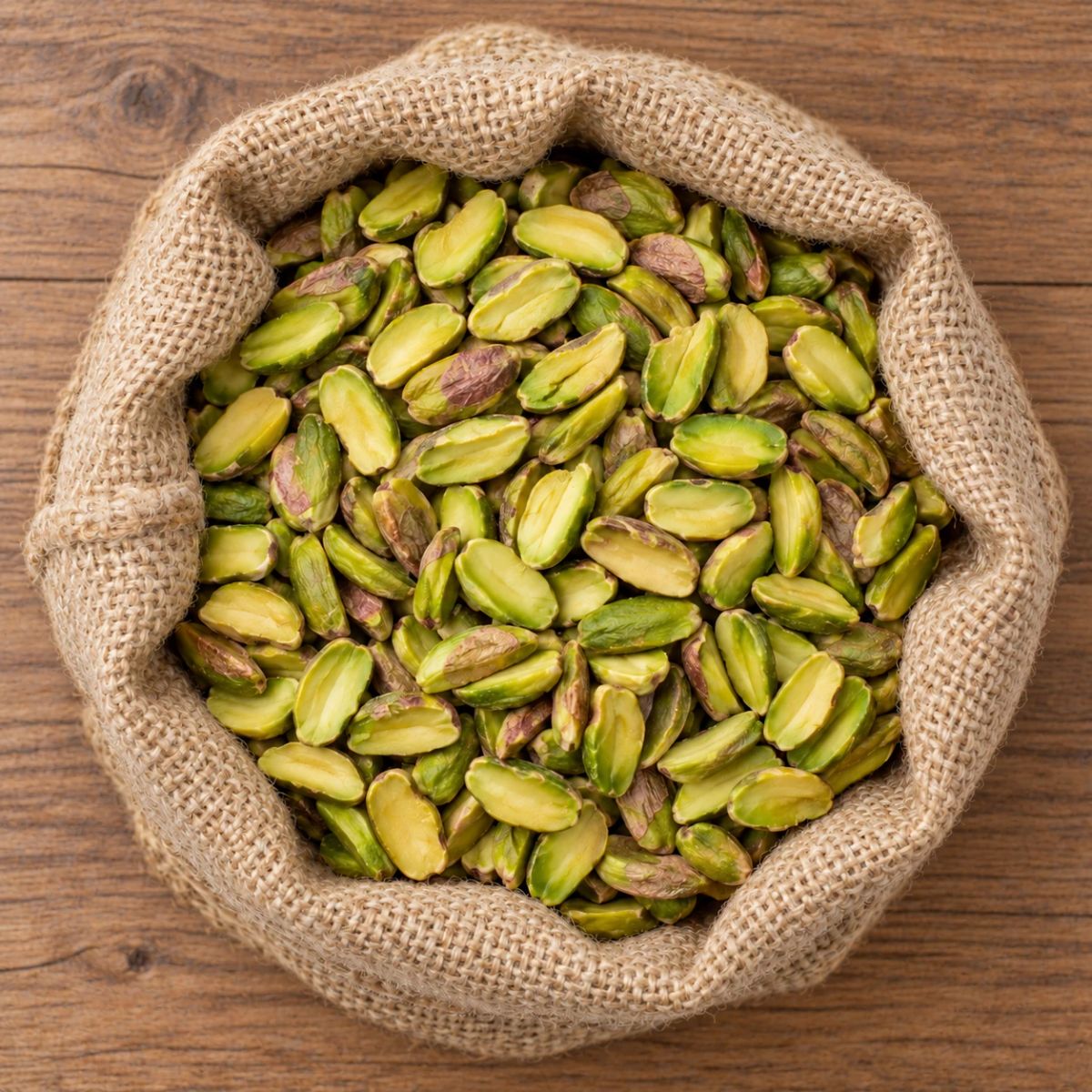 Pistachio kernel halves in a jute sack